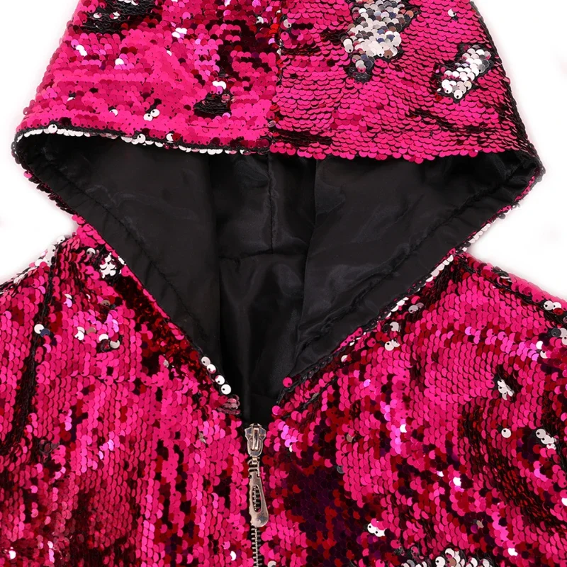 2025 New Europe and USA Party Flip Color Sequined Jackets for Women, Fashion Casual Shiny Loose Concert Hooded Baseball Jackets - Image 5