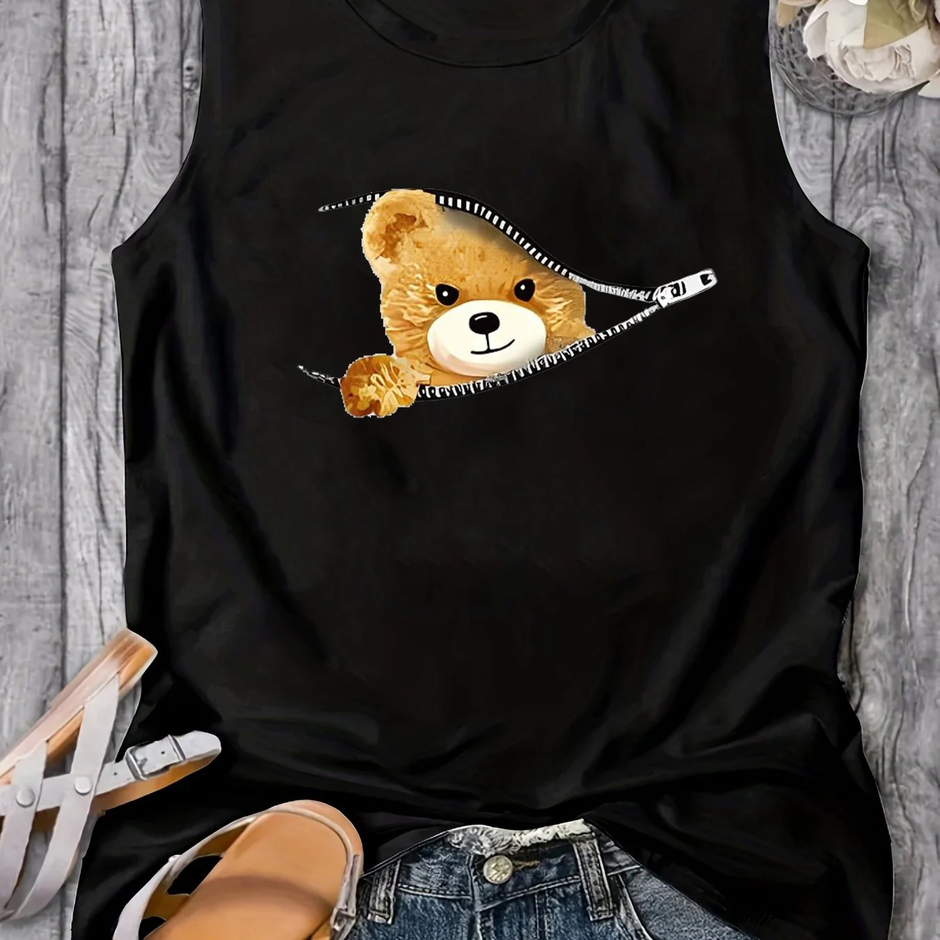 Women's Summer Bear cartoon Print Large Casual Round Neck Sleeveless Loose Tank Top T-shirt Tank Top T-shirt - Image 9