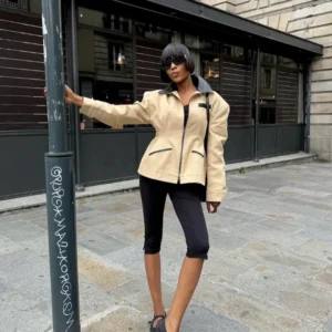 Fashion Turn-down Collar Women's Coat Elegant Long Sleeve Zipper Color Matching Jacket Lady Summer Chic Casual Holiday Jackets