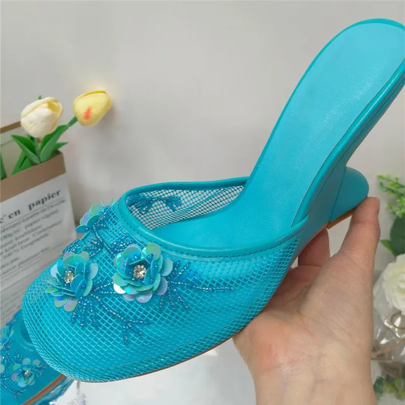Fashion Women Summer Wedges Mesh Shoes For Woman's Flower Round Toe Slip-On Hollow High Heeled sandals Mujer Party Wedding Pumps - Image 8