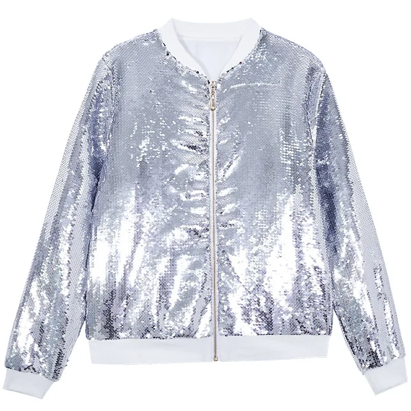 2025 New Europe and USA Party Flip Color Sequined Jackets for Women, Fashion Casual Shiny Loose Concert Hooded Baseball Jackets - Image 12