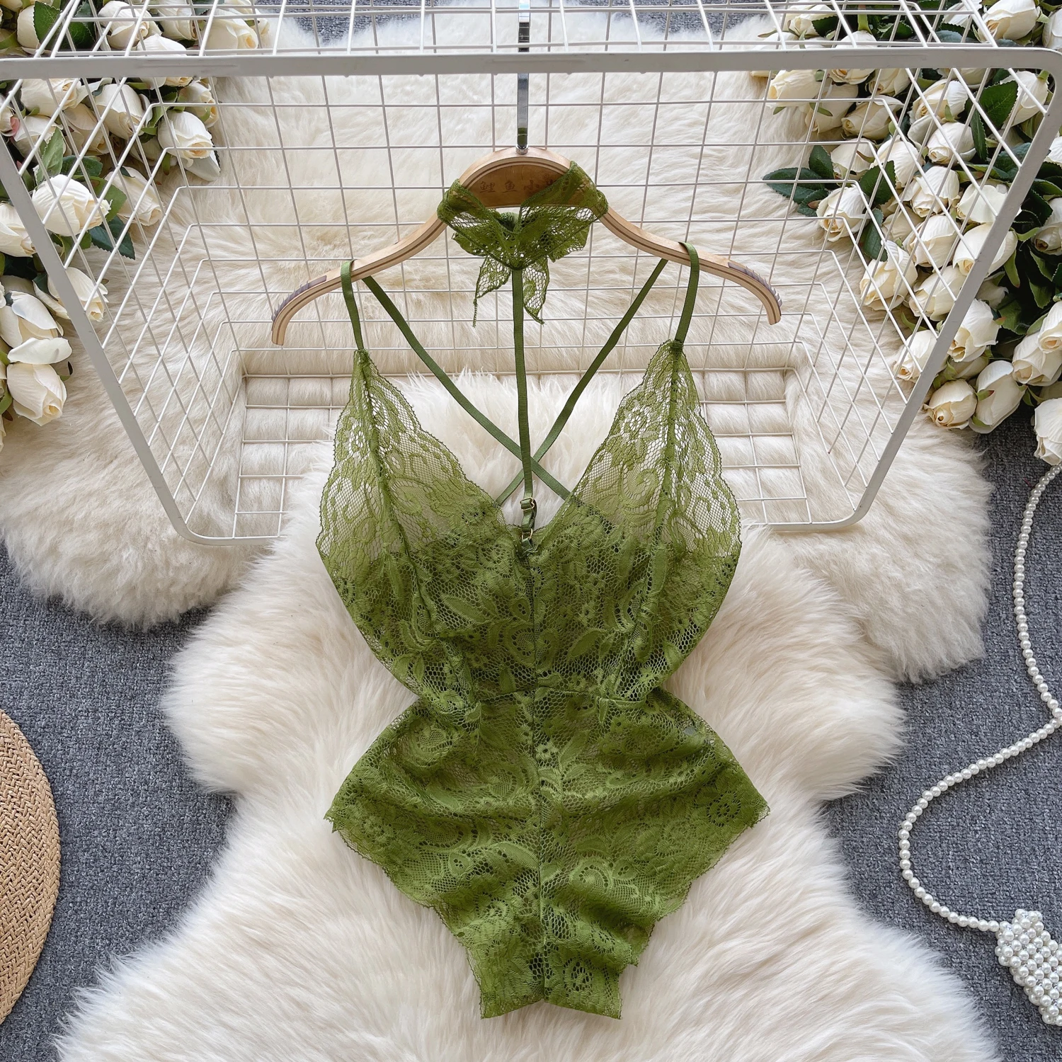 Women' Sexy Lace Camisole Slim Solid Color Sleeveless Bodysuit Erotic Lingerie V-Neck Ultra-Thin Pajamas Hollow Sheer Playsuit - Image 24