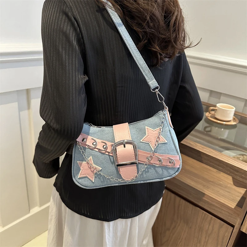 Fashion Women's Handbags Denim Stars Pattern Cool Girls Underarm Bag Female Small Shoulder Hobo Bags Chain Tote Bag - Image 2