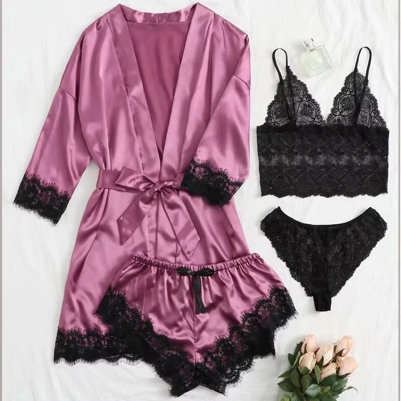 Women's Fashion Pajama Print Sexy Lace Trim Faux Silk Satin Pajama Set Gown Skin Friendly Comfort Loungewear Sexy Pajamas - Image 10
