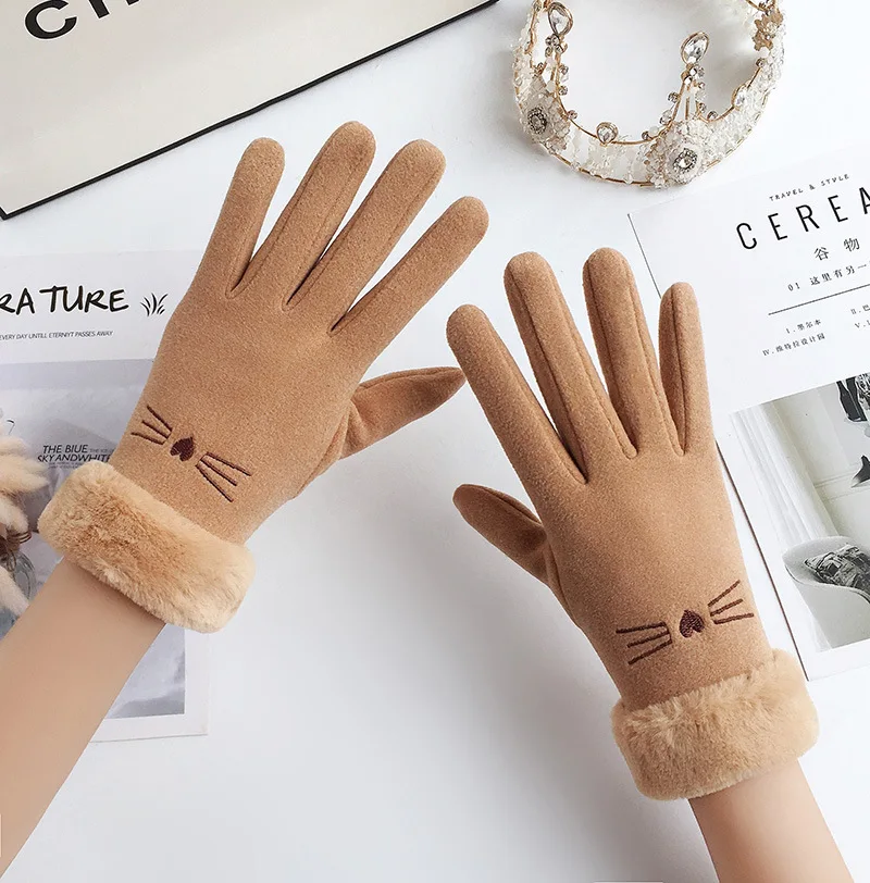 Winter Female Cashmere Warm Suede Leather Cycling Mittens Double Thick Velvet Plush Wrist Women Touch Screen Driving Gloves - Image 6