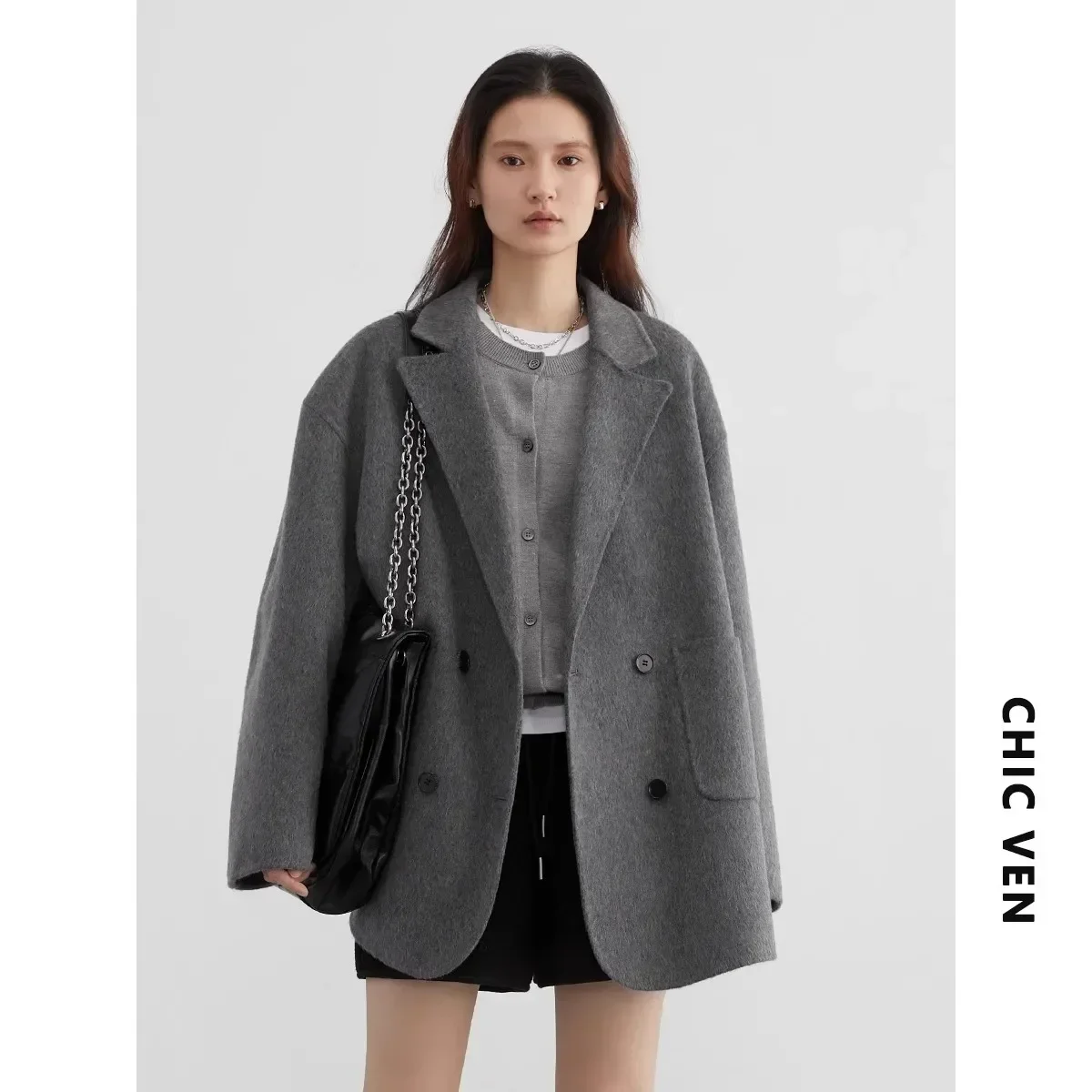 CHIC VEN Women's Woolen Coats Loose Casual Double Breasted Retro Double-sided Jacket Office Lady Outerwear Autumn Winter 2023 - Image 6
