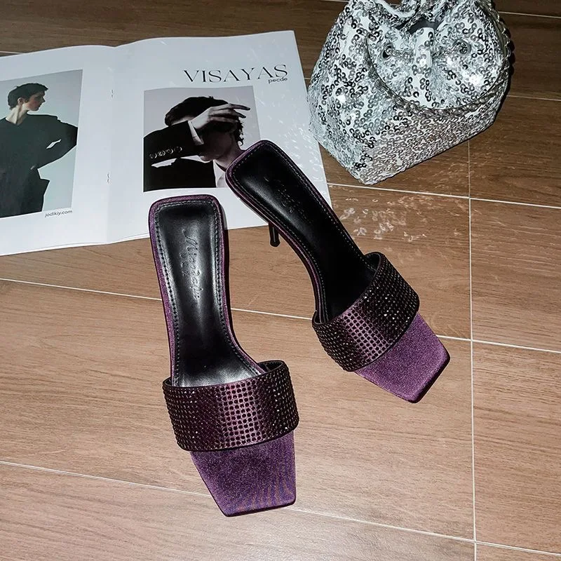 Square head purple rhinestone straight strap slippers for women in the summer of 2025,new slim and beautiful high-heeled sandals - Image 7