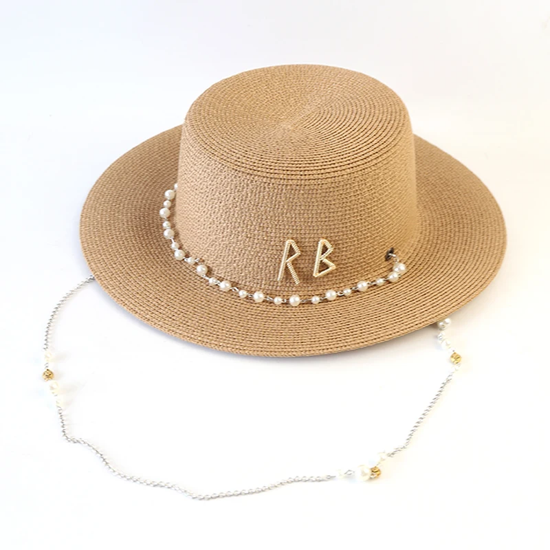 New Women Summer Hats Straw Sun Hat Panama Elegant Straw Fedoras Lady Girl Outdoor Vacation with Pearl Chain Sunshade Beach Hat - Image 4