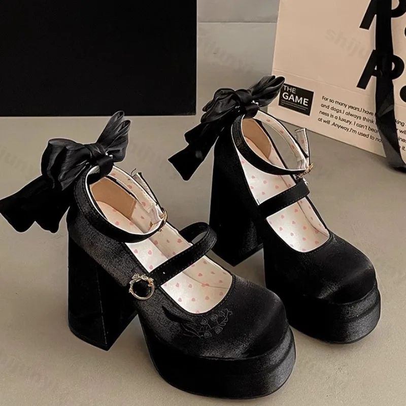 Women High Heel Shoes Lolita Pumps Fashion 2025 Spring Autumn Ladies Outdoor Retro Bow Mary Jane French Elegant 6-8cm High Heels - Image 5