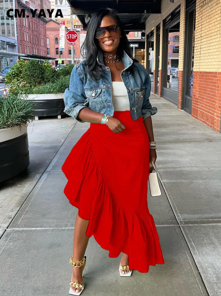 CM.YAYA Women Ruffles Hem Asymmetrical High Waist Maxi Long Skirt 2022 Autumn Winter Streetwear INS Fashion Skirts - Image 5