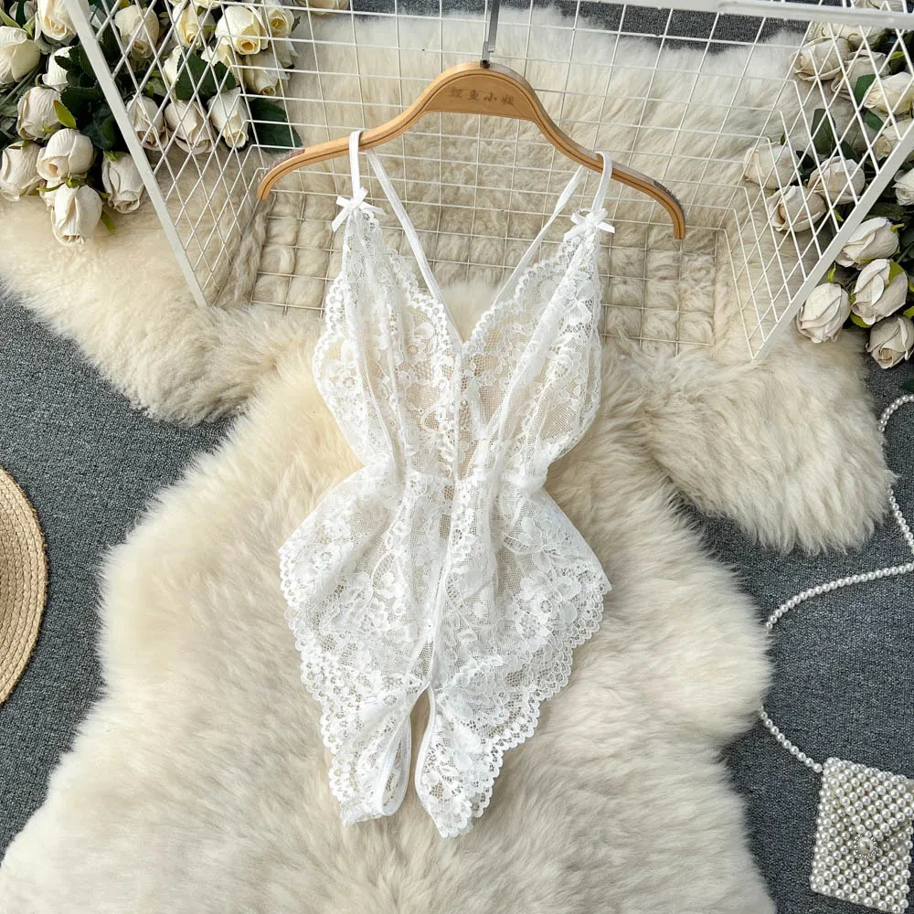 Women' Sexy Lace Camisole Slim Solid Color Sleeveless Bodysuit Erotic Lingerie V-Neck Ultra-Thin Pajamas Hollow Sheer Playsuit - Image 58