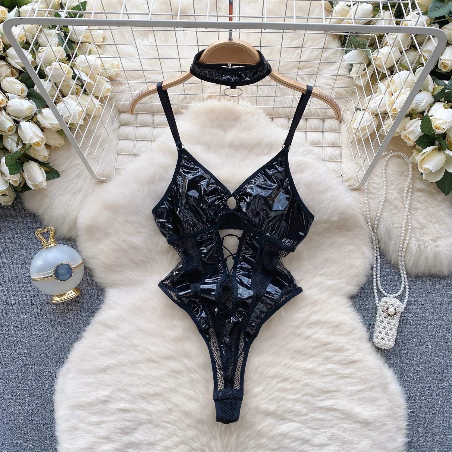 Women' Sexy Lace Camisole Slim Solid Color Sleeveless Bodysuit Erotic Lingerie V-Neck Ultra-Thin Pajamas Hollow Sheer Playsuit - Image 21