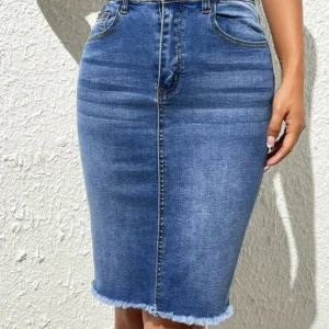Skirts Women Denim Skirt Mid Length Slim Fit Solid High Waist Casual Regular Elegant Splice Hip Wrap Button Pocket Summer