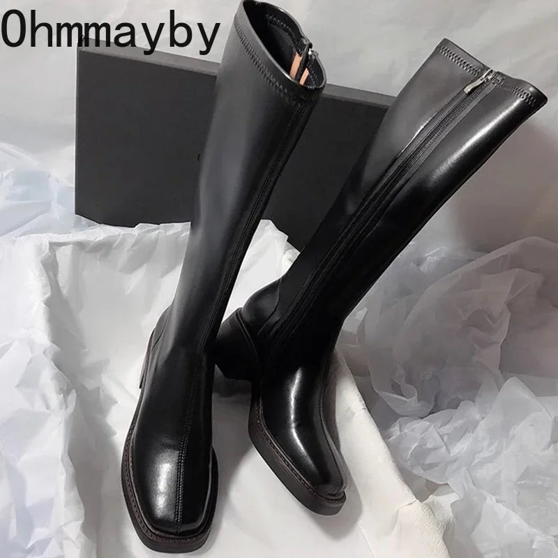 Vintage Thick Heel Women Knee High Boots Fashion Side Zippers Shoes Autumn Winter Ladies Concise Long Botas De Mujer - Image 5