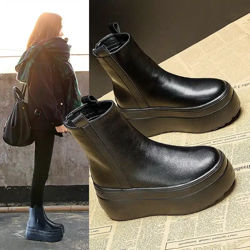 fujin Geunine Leather Super Thick Sole Women's Boots Genuine Leather Autumn Motorcycle Boots Ladies British Women's Ankle Boots - Image 4