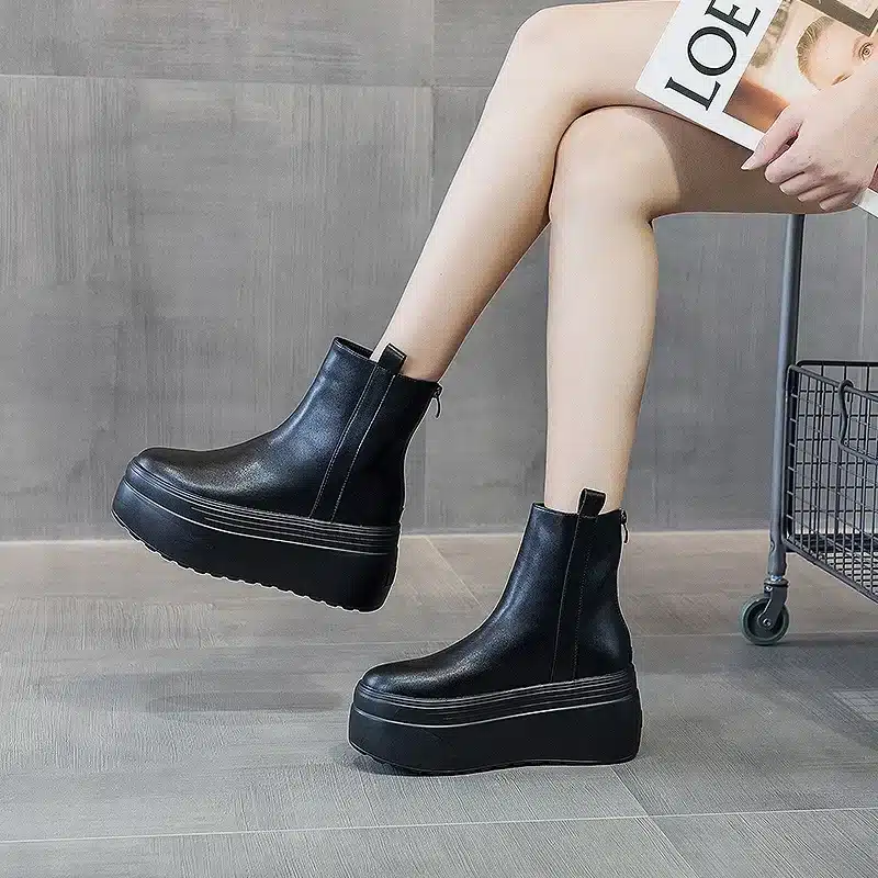 fujin Geunine Leather Super Thick Sole Women's Boots Genuine Leather Autumn Motorcycle Boots Ladies British Women's Ankle Boots - Image 6