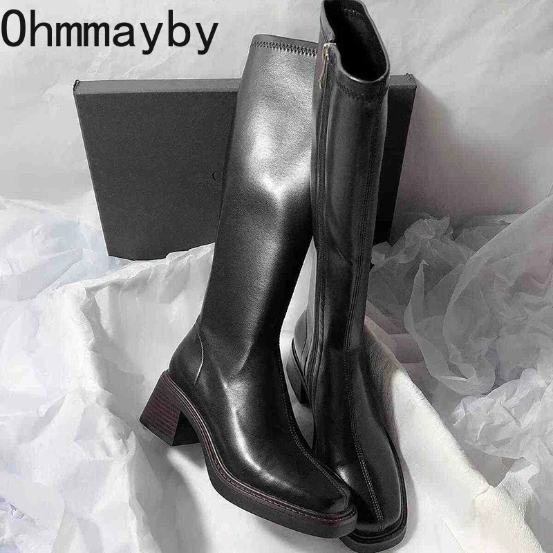Vintage Thick Heel Women Knee High Boots Fashion Side Zippers Shoes Autumn Winter Ladies Concise Long Botas De Mujer - Image 3