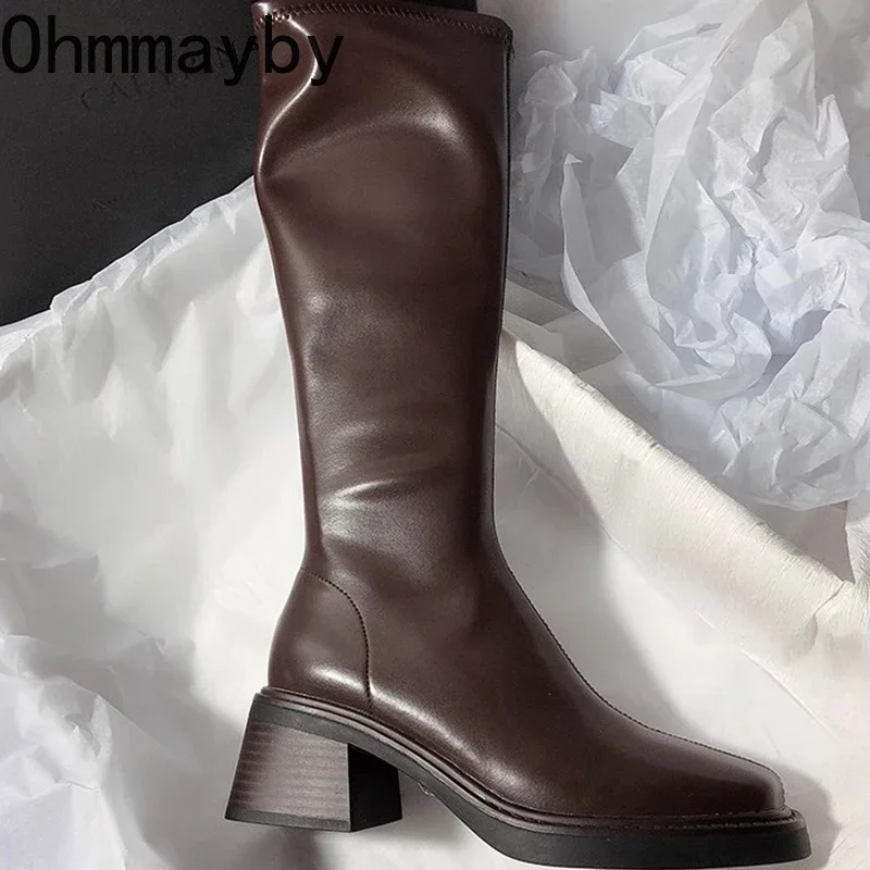 Vintage Thick Heel Women Knee High Boots Fashion Side Zippers Shoes Autumn Winter Ladies Concise Long Botas De Mujer - Image 6