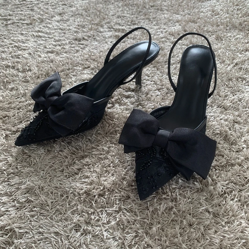 New Designer Thin High Heels Women Bow String Bead Pointed Slingback Mules Pumps Mesh Embroider Elegant Dress Sandals Female - Image 4