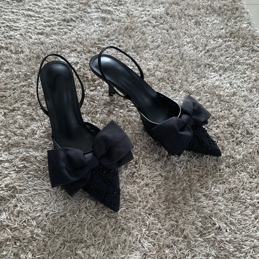 New Designer Thin High Heels Women Bow String Bead Pointed Slingback Mules Pumps Mesh Embroider Elegant Dress Sandals Female - Image 2