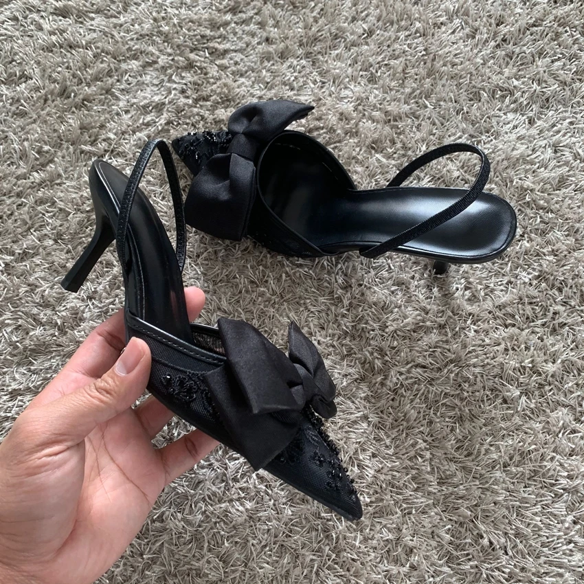 New Designer Thin High Heels Women Bow String Bead Pointed Slingback Mules Pumps Mesh Embroider Elegant Dress Sandals Female - Image 5