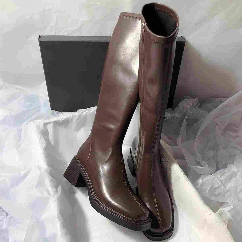 Vintage Thick Heel Women Knee High Boots Fashion Side Zippers Shoes Autumn Winter Ladies Concise Long Botas De Mujer - Image 7