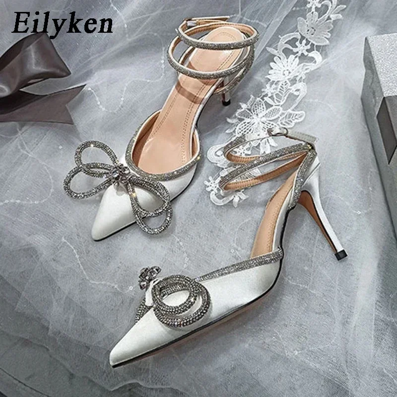 Eilyken Style Glitter Rhinestones Silk Women Pumps Crystal Bowknot Satin Spring Autumn Lady High Heels Party Prom Shoes - Image 9