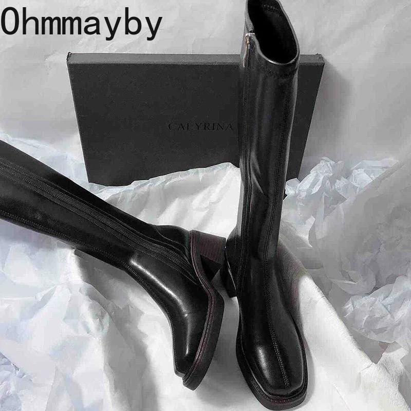Vintage Thick Heel Women Knee High Boots Fashion Side Zippers Shoes Autumn Winter Ladies Concise Long Botas De Mujer - Image 4