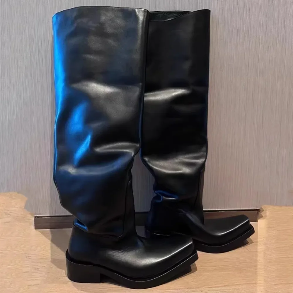 Black Riding Boots for Women Men Square Toe Chunky Platform Over The Knee High Boots Pleated Loose Tube Long Boots Slip On - Image 2