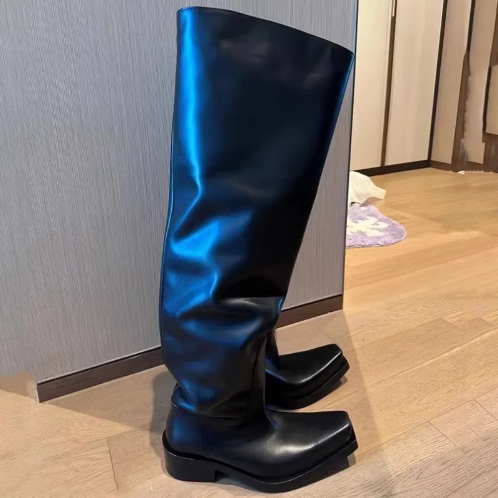 Black Riding Boots for Women Men Square Toe Chunky Platform Over The Knee High Boots Pleated Loose Tube Long Boots Slip On - Image 3