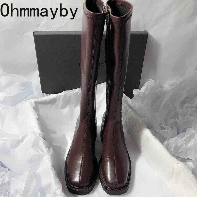 Vintage Thick Heel Women Knee High Boots Fashion Side Zippers Shoes Autumn Winter Ladies Concise Long Botas De Mujer - Image 2