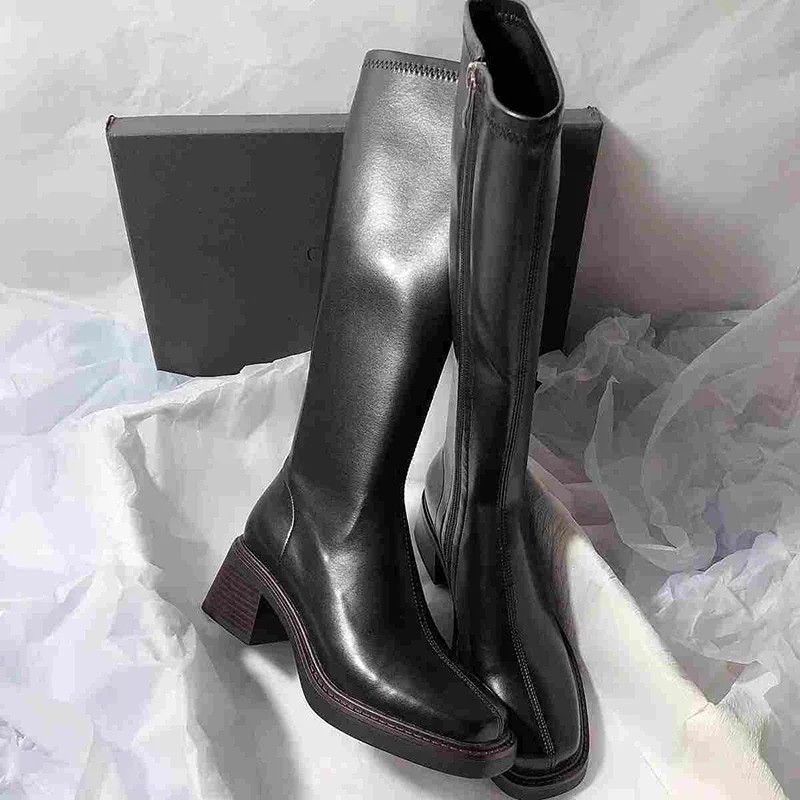 Vintage Thick Heel Women Knee High Boots Fashion Side Zippers Shoes Autumn Winter Ladies Concise Long Botas De Mujer - Image 8
