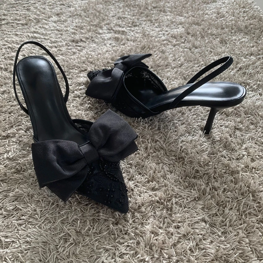New Designer Thin High Heels Women Bow String Bead Pointed Slingback Mules Pumps Mesh Embroider Elegant Dress Sandals Female - Image 3