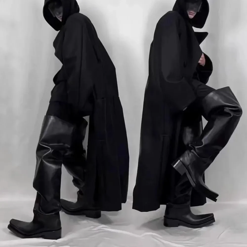 Black Riding Boots for Women Men Square Toe Chunky Platform Over The Knee High Boots Pleated Loose Tube Long Boots Slip On