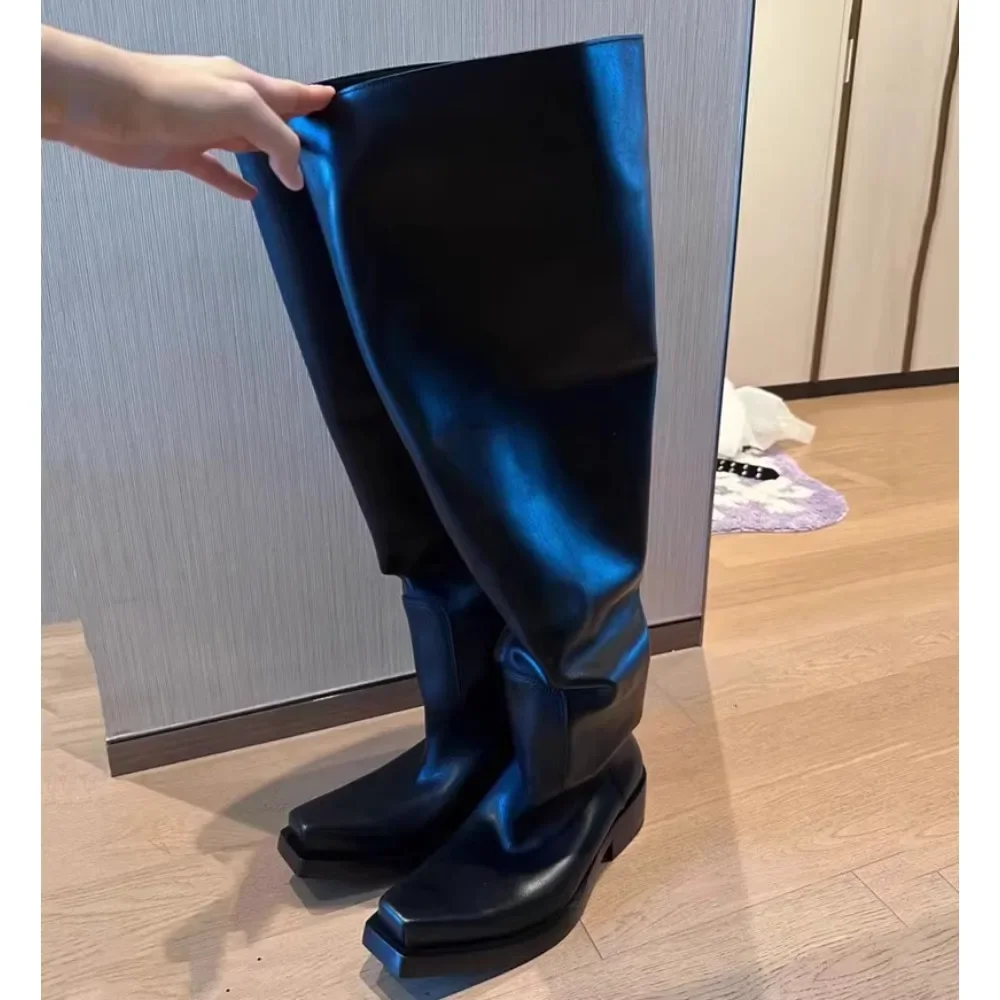 Black Riding Boots for Women Men Square Toe Chunky Platform Over The Knee High Boots Pleated Loose Tube Long Boots Slip On - Image 5