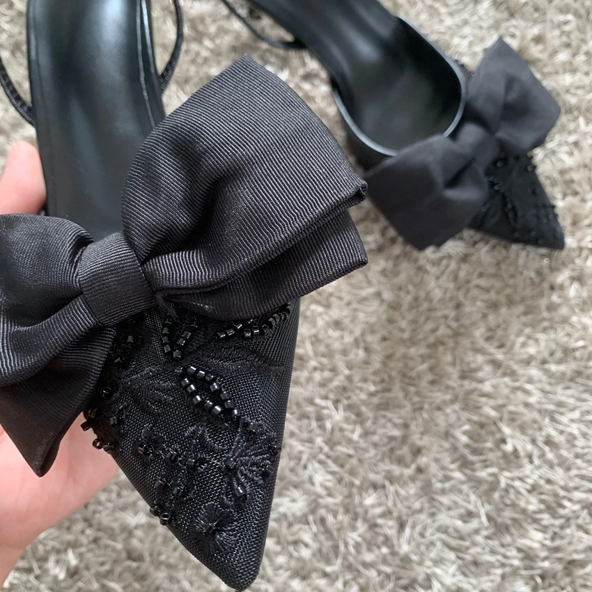 New Designer Thin High Heels Women Bow String Bead Pointed Slingback Mules Pumps Mesh Embroider Elegant Dress Sandals Female - Image 6